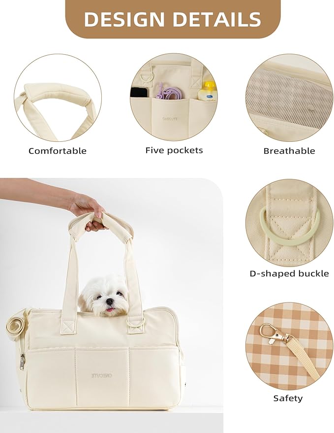 ONECUTE Dog Purse Carrier for Small Dogs Rabbit cat with Large Pockets, Cotton Bag, Dog Carrier Soft Sided, Collapsible Travel Puppy Carrier (Beige, 13.6" L x 6.5" W x 10" H) - Image 5
