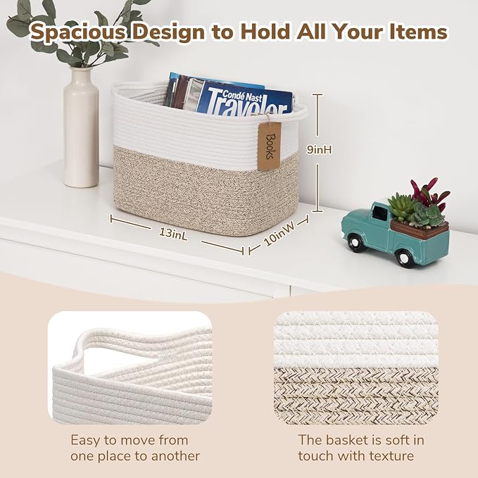 Goodpick Woven Rope Storage Basket for Shelves, Rectangle, Light Brown | 13" × 10" × 9" Stylish Gift Basket for Home Organization, Fits Dog Toys, Books & Nursery Essentials Storage, Writable Label - Image 3