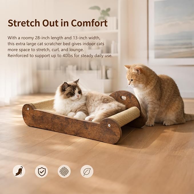 Upgraded Sisal Cat Scratcher Bed，28" Cozy Cat Couch Lounger for Indoor Cats, Long Heavy Duty Scratch Pad for Big Cats up to 40lbs, Modern Furniture Protector - Image 2