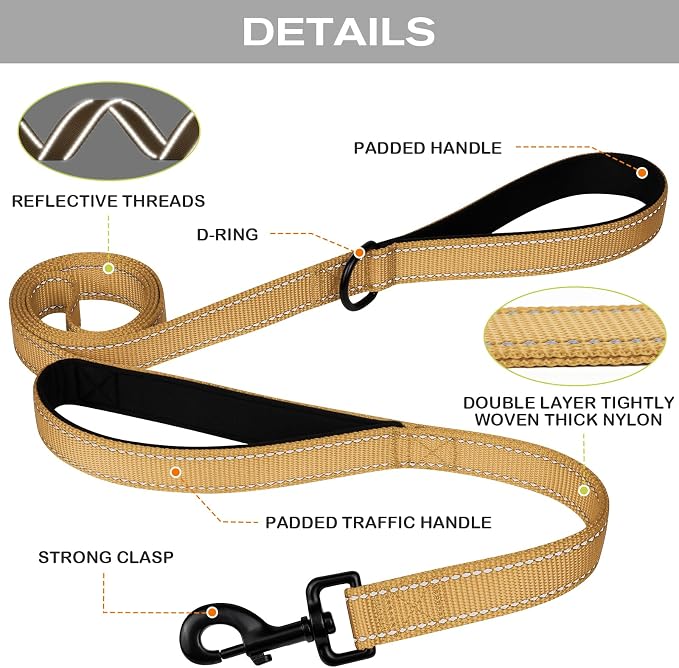 Joytale Dog Leash for Large Dogs that Pull, Double Handle, 5FT, Khaki | Traffic Handle for Control, Padded Handle Reduces Hand Strain, Reflective Stitching for Night Safety, Strong Nylon Webbing - Image 3