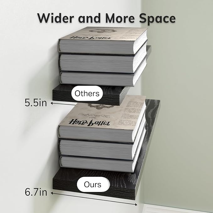BAYKA Floating Shelves for Wall, Wall Mounted Rustic Wood Shelves for Bathroom, Bedroom, Living Room, Kitchen, Hanging Shelf for Books/Storage/Room Decor with 22lbs Capacity (Black, Set of 3, 15.7in) | Easy Install, Space Saving, Hidden Bracket, Wall S... - Image 7
