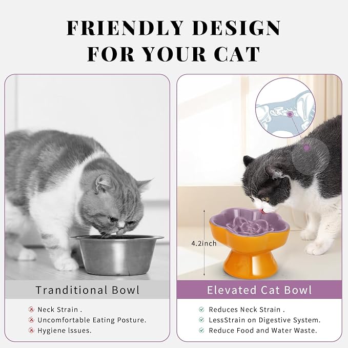 S&Q's Ceramics Raised Slow Feeder Cat Bowl, Ceramic Elevated Food Bowl Small Dogs Slow Feeder, Flower Shaped Cute Pet Dish for Dry and Wet Food (Purple, 5.8") - Image 5