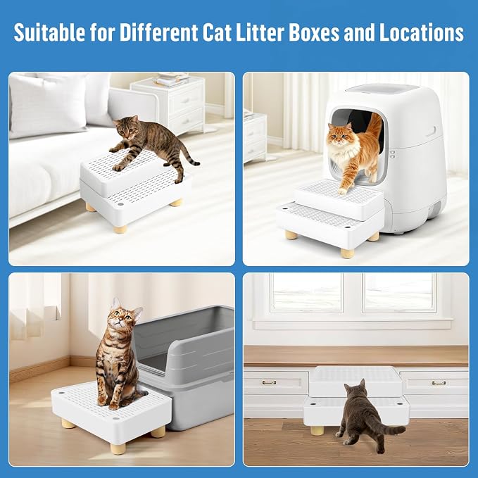 Extra Large 2 Steps Cat Litter Box Step Ramp, Cat Litter Catcher Mat with Wooden Feet, Filter Function, Cat's Pedal Stool for Self-Cleaning Litter, Suitable Kitten & Elderly Cats (White) - Image 6