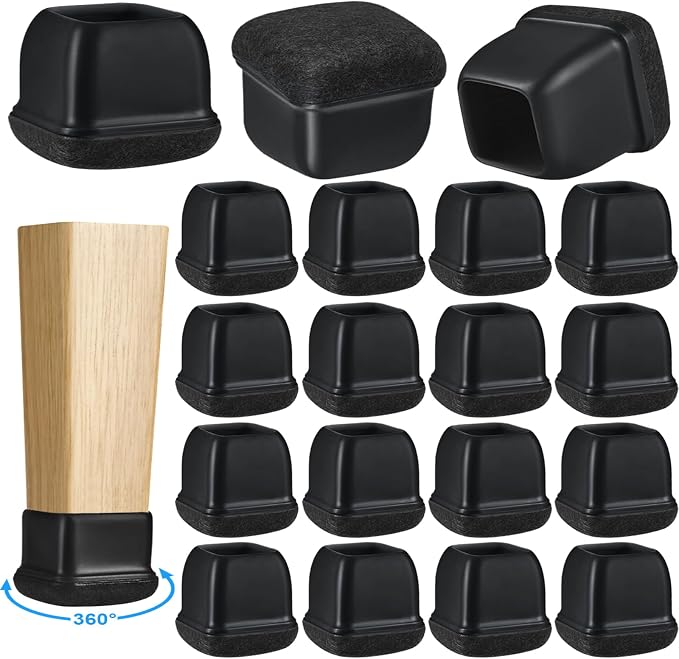 16 Pack Chair Leg Floor Protectors for Hardwood Floors, Square Rubber Furniture Sliders, 360°Felt Pad Bottom Wrapped Thickening Silicone Furniture Legs Caps Covers(Square,Black-XL) by Yarehand