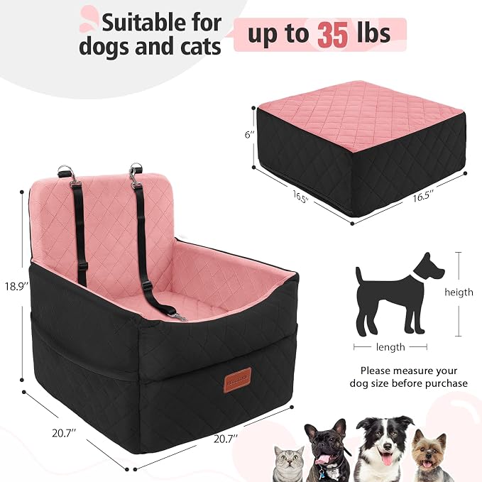 HEGGCOOE Dog Car Seat for Small Medium Dogs, Memory Foam Puppy Dog Booster Seat with Thick Cushion for Dogs Under 35lbs, Detachable Washable Pet Car Seat Travel Bed with Storage Pockets,2 Safety Belts - Image 2
