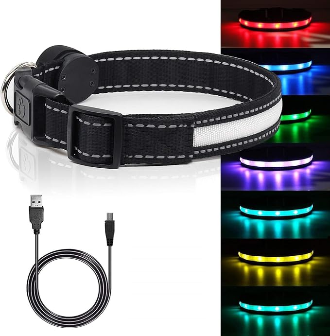 Light Up Dog Collars,Safety LED Dog Collars USB Rechargeable 7 Changing Colors Glow in The Dark Dog Walking Light,Neon Adjustable Safety Buckle Lighted Dog Collar for Small/Medium/Large Dogs, XL Size by Yacig