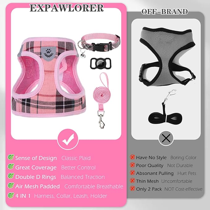 Classic Plaid Puppy Harness - Small Dog Harness and Leash Set - Dog Collar and Leash Set with AirTag Holder, Soft Padded Step in Dog Vest Harness No Pull Reflective for Outdoor, Pink XXS - Image 5