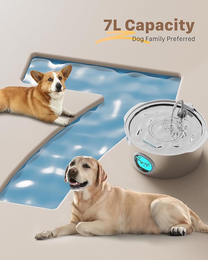 Dog Water Fountain for Large Dogs: 7L/236oz/1.8G Dog Fountain Stainless Steel - Big Cat Drinking Fountain Indoor - Super Quiet Water Fountain for Dogs Inside - for Large Dog Cats & Multi-Pet Home - Image 4