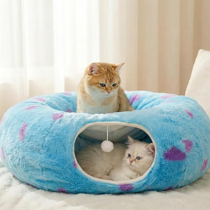Cat Tunnel Bed for Indoor Cats, Cute Cat Tunnel Toy with Washable Cushion, Fits Cats up to 25 lbs, Peekaboo Cave Pet Bed for Kittens, Rabbits, Blue Purple Donut - Image 6