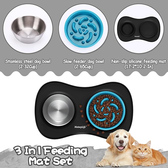 MateeyLife Dog Food and Water Bowl Set 3 in 1, Slow Feeder Dog Bowls & Stainless Steel Water Bowl with Non-Spill Silicone Mat, Cat and Puppy Bowls Pet Dishes for Small Medium Large Breed Anti-Choking - Image 7