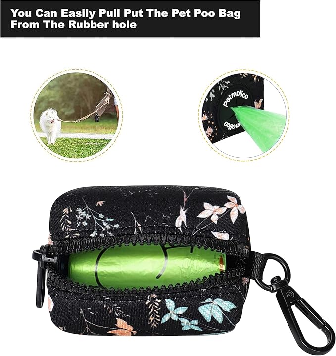 Petmolico Dog Poop Bag Holder Dispenser 2 Pack, Yellow White Blooming | Zippered pouch fits any leash, includes free roll of bags, lightweight & portable for daily walks, travel & outdoor use - Image 2