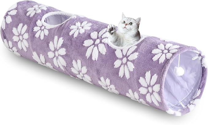 Straight Cat Tunnel for Indoor Cats 47"x12", Purple Flower | Cute Cat Toys, Collapsible Tunnel Tube with Hanging Balls for Puppy Kitten Rabbit by Yaning
