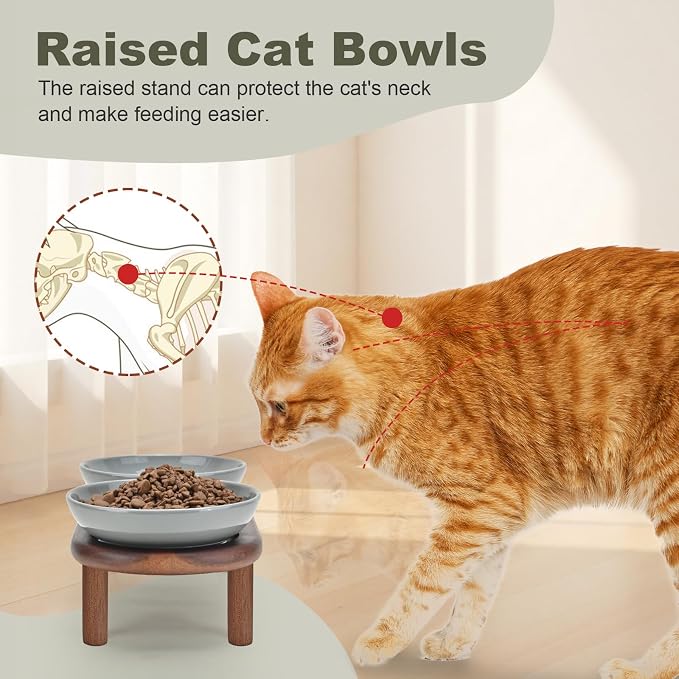 SPUNKYJUNKY Extra Wide Elevated Ceramic Cat Bowl with Acacia Wood Stand Whisker Friendly (Cat Paw Pattern, Gray) - Image 3