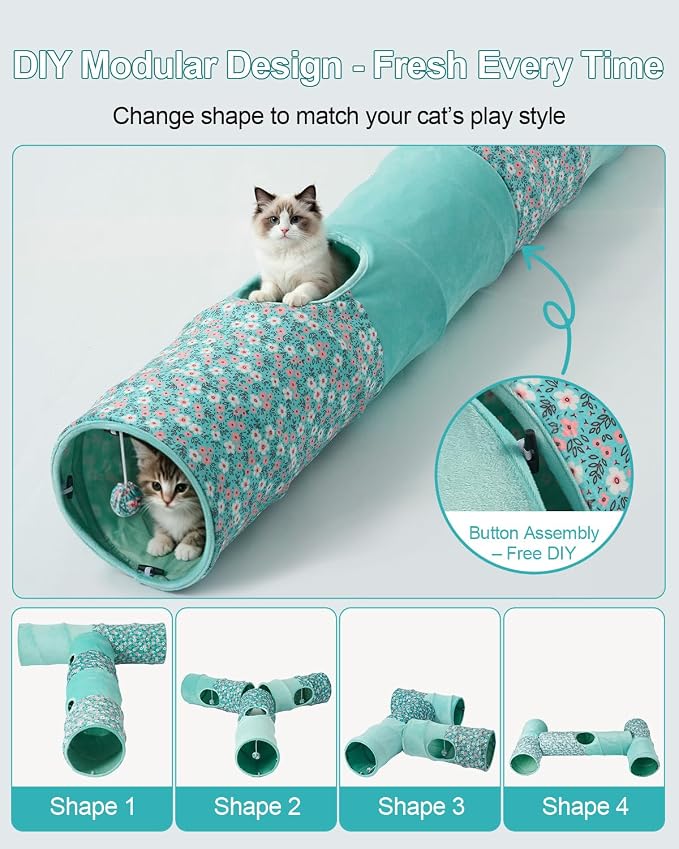 Cat Tunnel, 3 Straight Shaped Tunnels 6 DIY Shapes with Wand Toys, No Noise Scratch Resistant Cool Linen Fabric, Interactive Pet Tunnel Tube for Indoor Cats, Puppy and Rabbits - Image 6