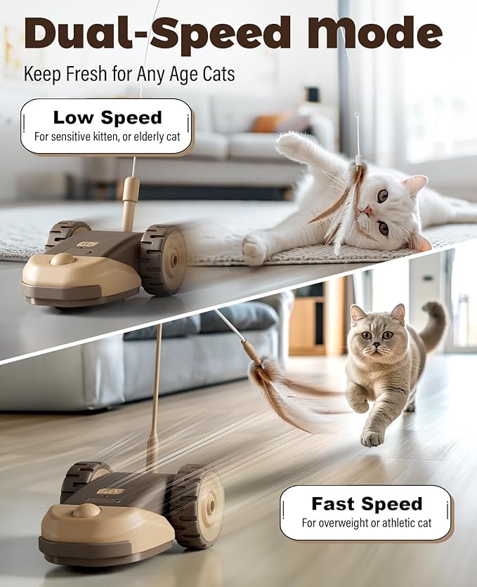 CYROS 3-in-1 Interactive Cat Toy - 2-Speed Automatic Moving Mouse Cat Toys Self Play with 2pcs Hanging Feather String Ribbon and Wiggly Silicone Mice Tail for Bored Indoor Adult Cats Kittens - Image 5