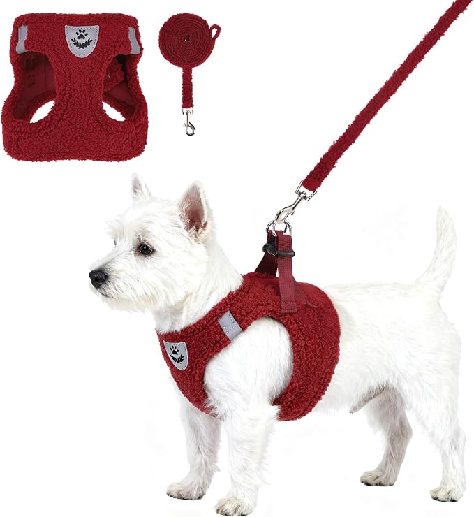 KOOLTAIL Christmas Plush Small Dog Harness and Leash Set, Warm Fleece No Pull Puppy Vest for Winter, Lightweight Reflective Step in Pet Harness for Medium Sized Dogs Boy Girl Outdoor Walking, Red M by KOOLTAIL