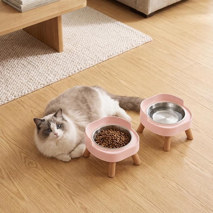 Elevated Cat Bowls, 2P Raised Cat Food and Water Bowl Set for Indoor Cats, Splash Proof with 2 Stainless Steel Pet Food Bowls for Cats ＆ Puppies, Whisker Friendly and Dishwasher Safe - Pink - Image 9