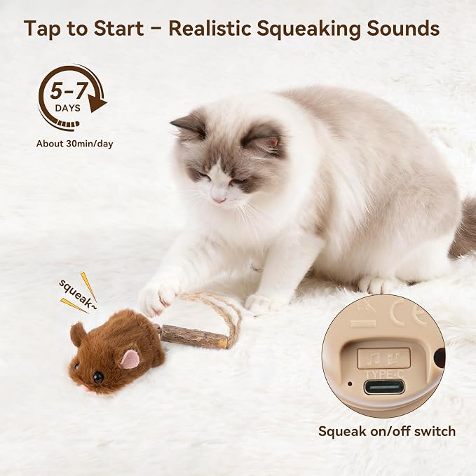 Migipaws Interactive MigiMouse Cat Toy 360° Rolling & Spin with Wiggling Tail for Indoor Cats Smart Motion Sensor, Realistic Squeak, Rechargeable Plush Kitten Toy (Brown) - Image 3