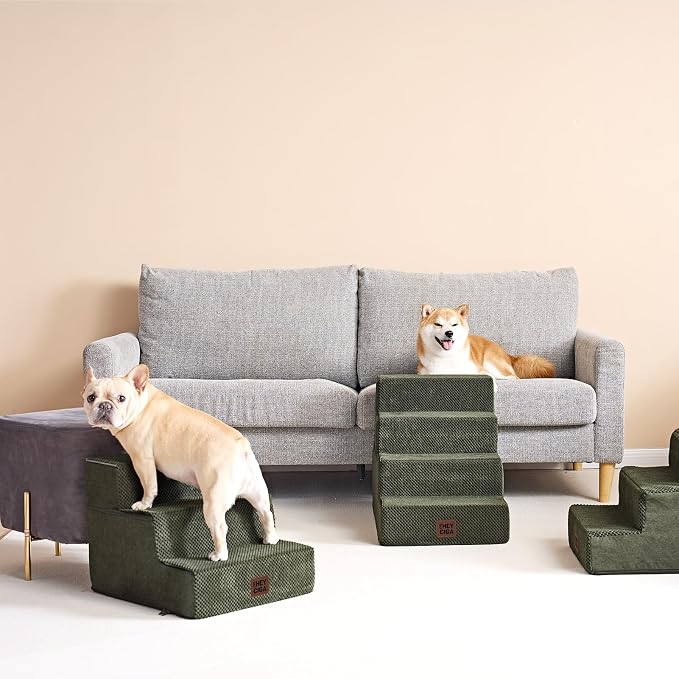 EHEYCIGA Dog Stairs for Bed 18" H, 4-Step Extra Wide Dog Steps for High Bed, Pet Steps for Small Dogs and Cats, Non-Slip Balanced Pet Ramp Indoor, Military Green - Image 3