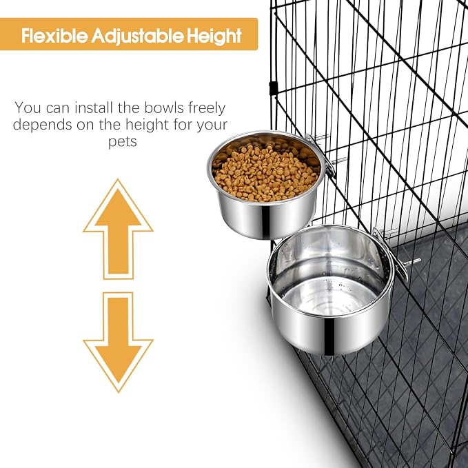 2 Pcs Stainless Steel Large Dog Crate Food Water Bowl, 82 & 56 OZ | Non-Spill, Detectable, Hanging Cage, Crate Feeder Dish with Clamp Holder for Large Pets, Size 7.1x3.7'' & 7.1x2.5'' - Image 4