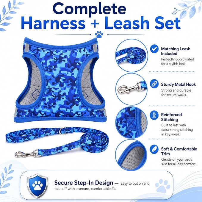 Step in Boy Dog Harness Leash Set- All Weather Reflective No-Pull Padded Mesh Vest Harness for Cats Puppy Extra-Small Small Medium Large Dogs - Blue Camouflage - XXS - Image 2