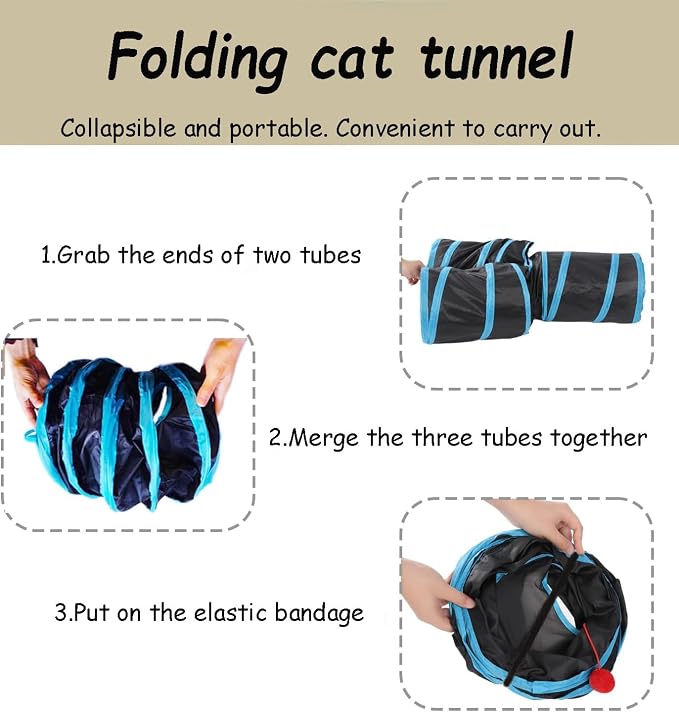 3-Way Collapsible Cat Tunnel Tube Toy Black Blue | Interactive Tunnel with Hanging Ball & Peek Hole for Indoor Cats, Kittens, Puppies, Rabbits | Hours of Fun & Exercise - Image 6