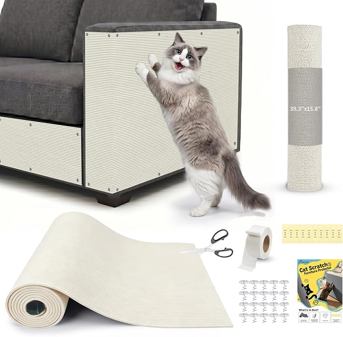 Cat Scratch Furniture Protector: 39.3"x15.8" High Self-Adhesive | Cat Scratch Carpet Trimmable for Couch Scratcher Protector from Claws Scratching Mat Lasts 3-6M 3min Install, Beige by Finvizo