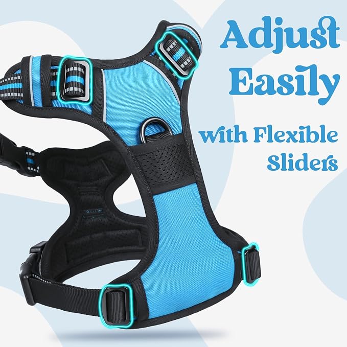 rabbitgoo Dog Harness Medium Sized, Updated Easy On & Off with 3 Buckles | No Pull No Choke, Walking with 2 Clips and Handle, Adjustable Soft Reflective, Sky Blue, Medium - Image 4