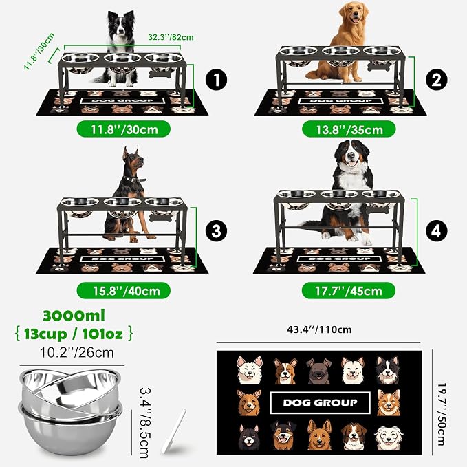 SHAINFUN Elevated Dog Bowl Stand for Large Dogs& Extra Large Dogs with 3 Bowls 101oz– 4 Adjustable Height Raised Pet Feeder with Anti-Spill Mat, Stainless Steel Food & Water Station - Image 4