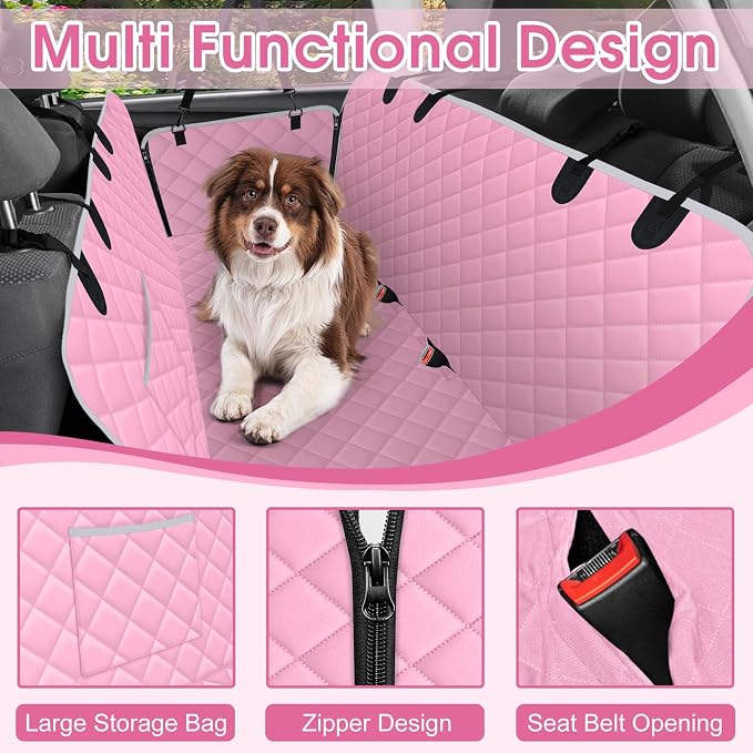 Waterproof Dog Car Seat Cover for Back Seat, Pet Hammock-S, Pink/Grey | Durable waterproof hammock with nonslip design & storage pockets. Protects seats from scratches, fits cars, SUVs & trucks. - Image 3