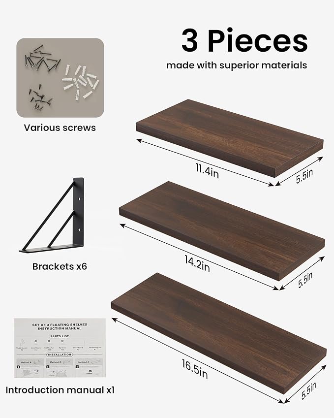 BAYKA Floating Shelves for Wall, Book Shelf for Bedroom, Wall Decor Shelves for Living Room Kitchen, Wood Floating Shelf for Home Decor, Corner Shelf for Bathroom, Office(Dark Brown,Set of 3) - Image 8
