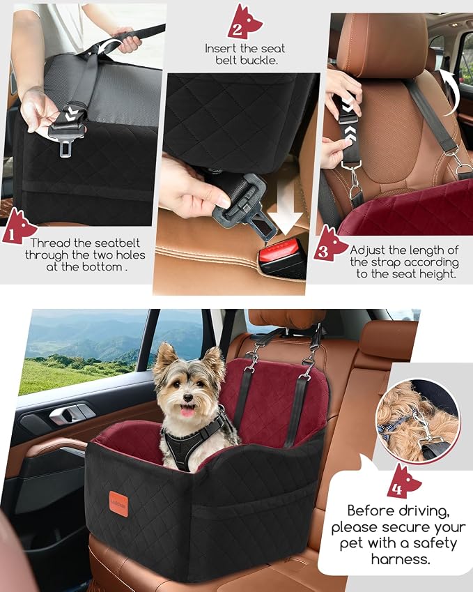 Lealchum Dog Booster Car Seat for Small/Medium Dogs,Puppy Portable Car Bed with Elevated Cushion,Fully Detachable and Washable,2 Storage Pockets,Easy to Install (Blakc/Red, Medium) - Image 3