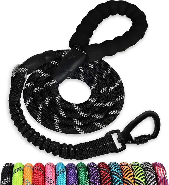Rope Dog Leash 6 FT: Heavy Duty Leashes with Swivel Lockable Hook Reflective Threads Bungee and Padded Handle - Dog Lead for Large Small Medium Dogs Outside Walking Hiking Black by jenico