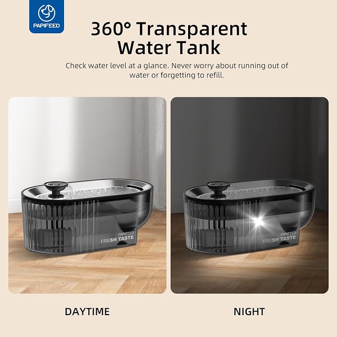 PAPIFEED Cat Water Fountain Stainless Steel with a Silicone Mat, 84oz/2.5L Automatic Pet Fountain with Water Level Window and LED Light, Quiet Low Power Cat Water Bowl & Cat Water Dispenser(Black) - Image 6