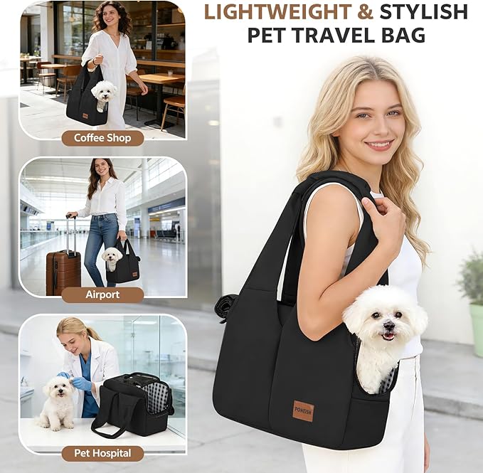 Dog Purse Carrier for Small Dogs and Cats, Soft-Sided Pet Tote Bag with 6 Large Pockets, Collapsible Travel Puppy Carrier with Small Cushion, Fits Pets up to 6 lbs (Black, 13.6" L x 6.6" W x 10" H) - Image 6
