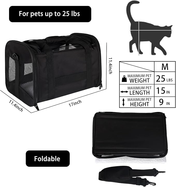Cat Carrying Case - Pet Carrier Airline Approved, Protable and Breathable Pet Travel Carrier Removable Fleece Pad, Collapsible Cat Carrier Dog Carrier for Medium Cats Small Cats Dogs(Medium, Black) - Image 2