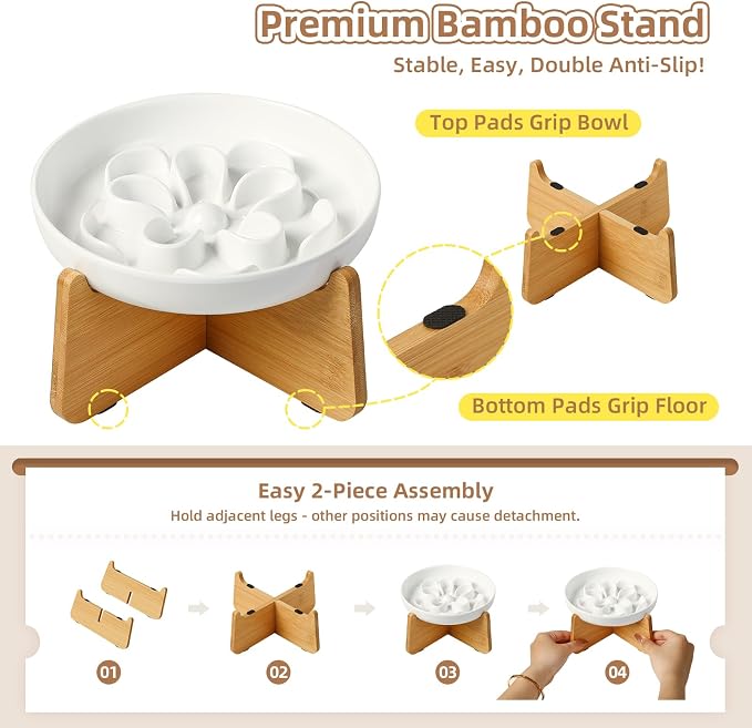 PTOBER Elevated Slow Feeder Cat Bowl - Melamine Cat Dish with Anti-Slip Bamboo Stand - Whisker Friendly Feeding Bowl - Floral Maze Food Plate for Slow Eating - White - Image 4