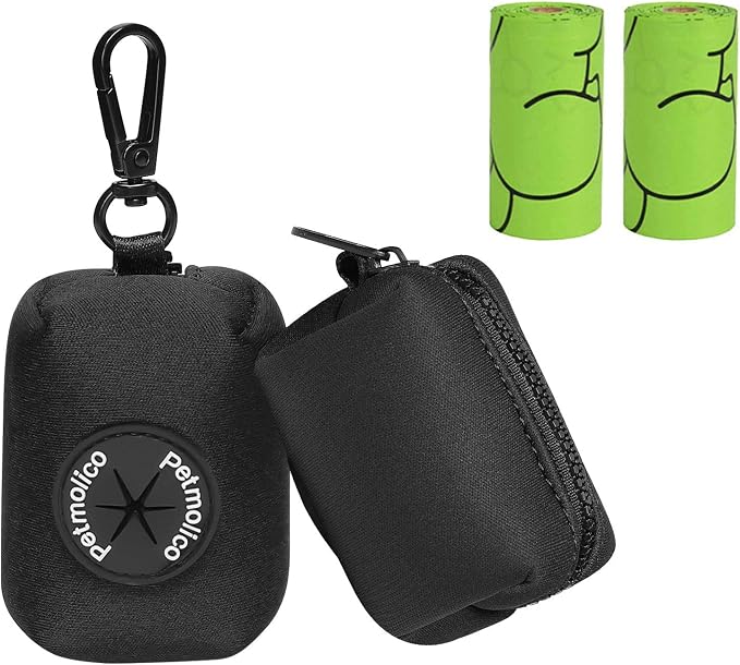 Petmolico Dog Poop Bag Holder Dispenser 2 Pack, Black | Zippered pouch fits any leash, includes free roll of bags, lightweight & portable for daily walks, travel & outdoor use by Petmolico