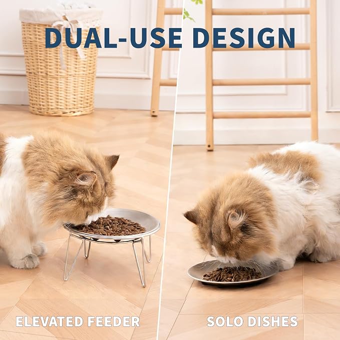WROSWT Elevated Cat Bowls, Separable Dishes for Solo Use, 304 Stainless Steel Raised Cats Plates for Wet Food, Extra Wide Shallow Design for Whisker Relief, Non-Slip Silicone Base Kitten Feeder, 2 Set - Image 2