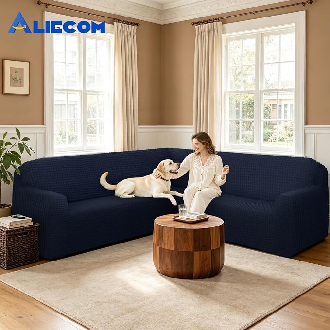 ALIECOM Corner Sectional Couch Covers Washable Sofa Cover L Shaped Couch Cover for Dogs Pets Stretch Soft Sectional Slipcovers with Non Slip Strips U Shape Furniture Protector (Bubble-Navy, Large) - Image 2