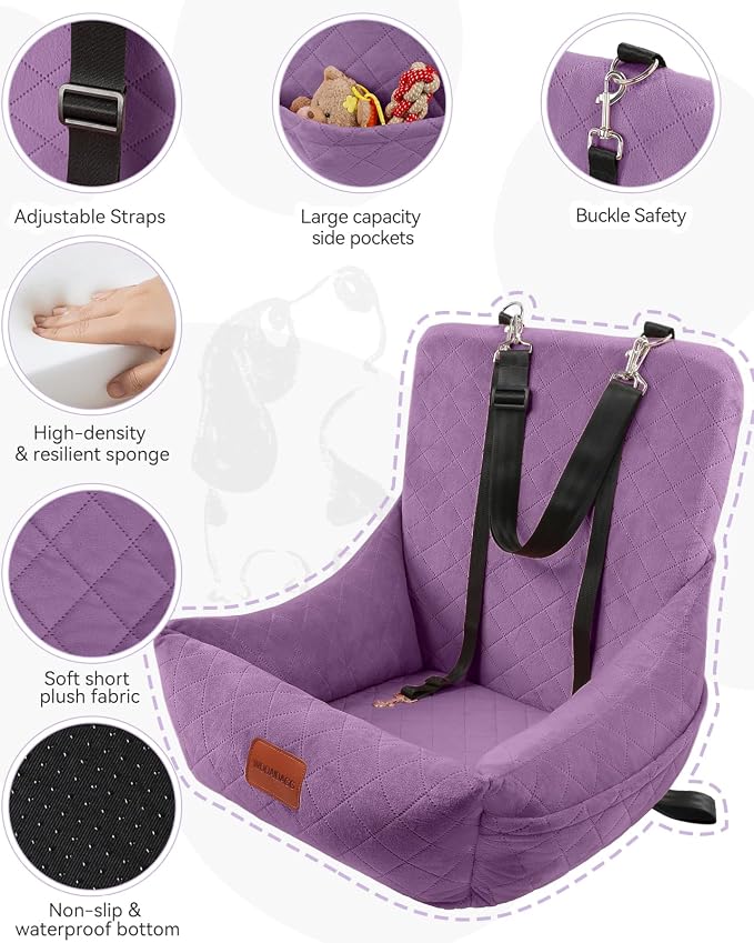 WOOAIDAGG Dog Car Seat for Small Dogs Up to 25lbs,Soft Washable Fabric Fill in Memory Foam,Easy to Assemble with 2 Clip-On Safety Leashes and Storage Pockets,Front or Back Seat are Both OK(Purple) - Image 3