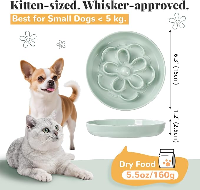 Melamine Cat Slow Feeder Bowl Set - Floral Maze Food Dishes for Cats and Small Dogs - Shallow Wide Plates for Dry & Wet Food - 3 Pack - Green & Blue & Pink - Image 2