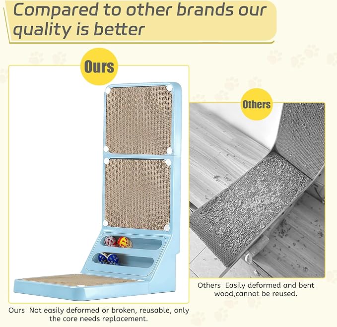 Cat Scratcher Cat Scratch Pad L Shape Wall Mounted Dual Use (Vert/Horiz) Kitten Bunifa Scratching Card Board Vertical Post with Ball Toys Feathers,Protecting Furniture Core is Replaceable Large Blue - Image 6