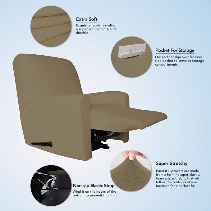 PureFit Stretc Recliner Chair Covers Fleece Soft Couch Covers for Sofa | Tan 4-Pieces Recliner Slipcover Pocket Couch Protector, Fleece Sofa Cover Washable with Non Slip Elastic Bottom - Image 3