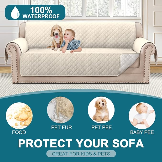 Turquoize 100% Waterproof Sofa Covers Couch Cover Sofa Cover for Dogs Couch Protector Triple Non-Slip Sofa Slipcover for 3 Cushion Couch Furniture Protector for Pets, Kids,Dog (Sofa 70", Ivory) - Image 2