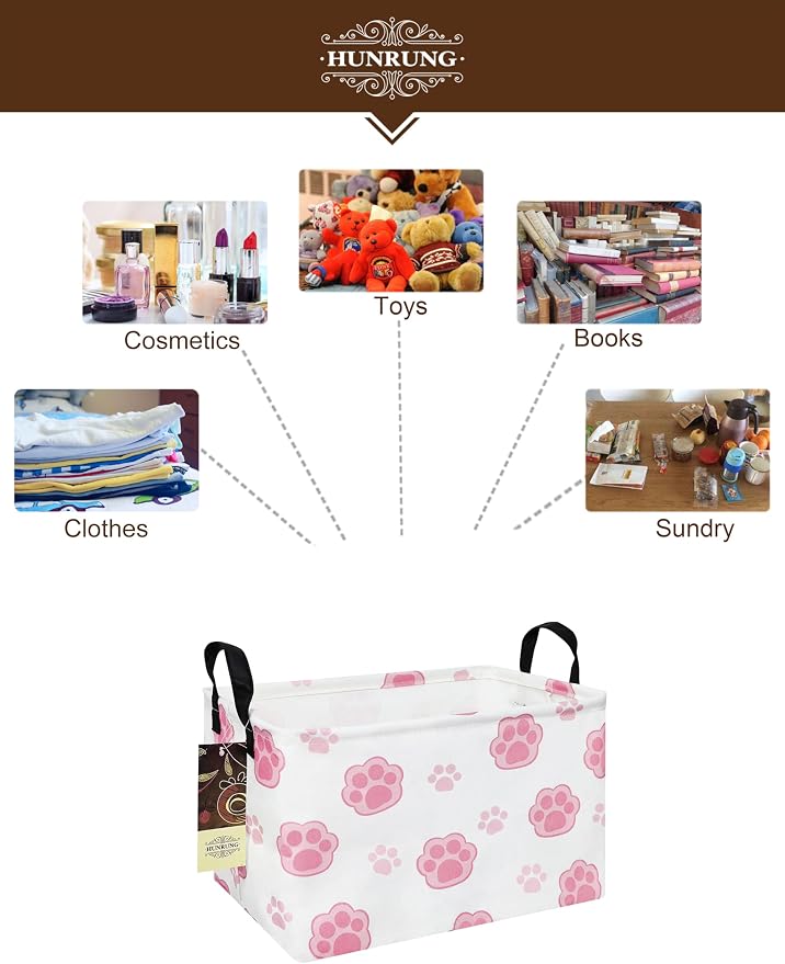 Rectangle Foldable Storage Basket Handles For Home, Pink Paw | Waterproof reinforced handles, perfect for shelf use, organizes clothes, daily items and pet supplies - Image 3