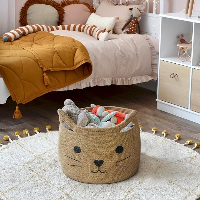 Large Woven Rope Cat Toy Basket with Cat Face Design, Jute | 15.7" x 11.8" Toy Bin & Box for Living Room Nursery, Baby Storage Basket for Towels, Blankets, with Sturdy Handles - Image 5
