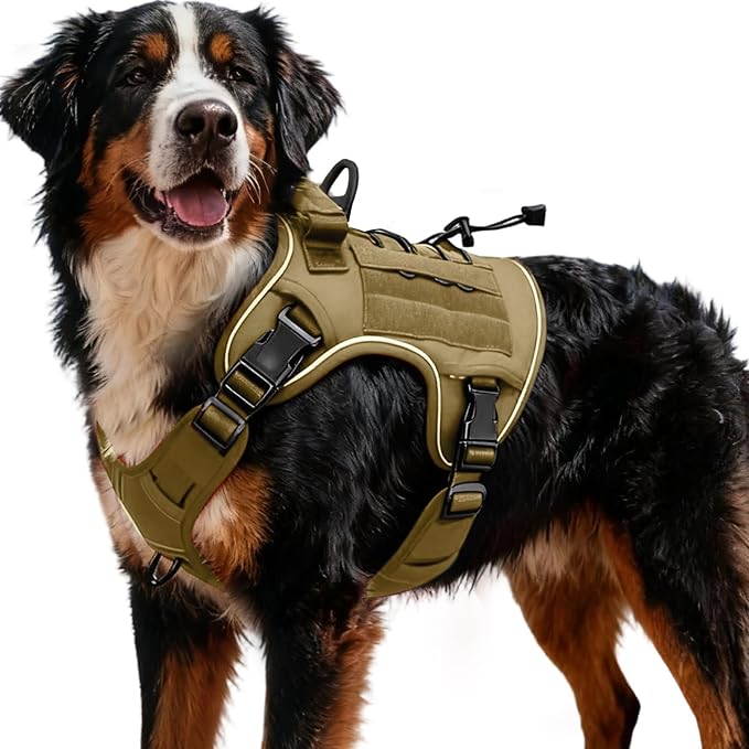 Heavy-Duty Tactical Dog Harness for Large Dogs, No Pull Adjustable Reflective Pet Vest with Molle System, K9 Military-Grade Control for Service Training, Outdoor & 10+ Breeds, Khaki, XX-Large by Bruvoalon