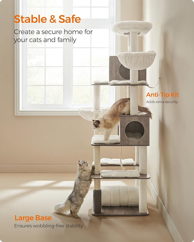Feandrea Cat Tree, 75.6-Inch Modern Cat Tower, Tall Multi-Level Condo with 2 Caves, 2 Hammocks, 4 Scratching Posts, Self-Groomer, Tunnel, Perch, Heather Greige UPCT193G01 | Tall Cat Tower, 4 Scratching Posts, Self-Groomer, Tunnel, Perch, Heather Greige... - Image 8
