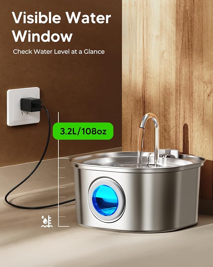 PEKTACO Stainless Steel Cat Water Fountain, 3.2L/108oz with 6 Filters | Cat water dispenser, dishwasher safe, with triple filtration, quiet pump, and visible water window for cats and small pets - Image 3